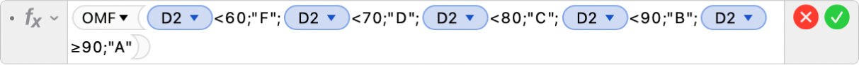 Formelredigeraren som visar formeln =OMF(D2<60;"F";D2<70;"D";D2<80;"C";D2<90;"B";D2≥90;"A").