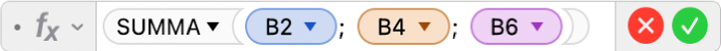 Formelredigeraren som visar formeln =SUMMA(B2; B4; B6).