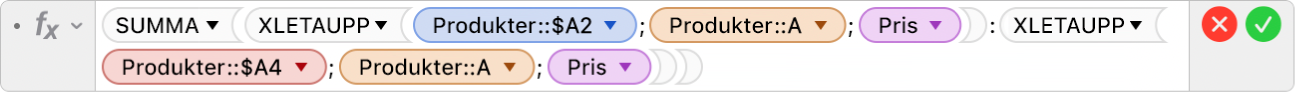 Formelredigeraren som visar formeln =SUM(XLETAUPP(Produkter::$A2;Produkter::A;Pris):XLETAUPP(Produkter::$A4;Produkter::A;Pris)).