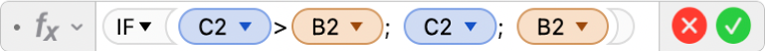 Trình sửa công thức đang hiển thị công thức =IF(C2>B2; C2; B2).