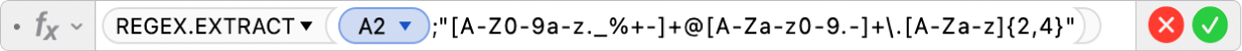 Trình sửa công thức đang hiển thị công thức =REGEX.EXTRACT(A2,"[A-Z0-9a-z._%+-]+@[A-Za-z0-9.-]+\.[A-Za-z]{2,4}")