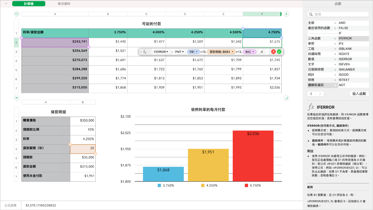 試算表顯示基金銷售額的公式和「函數」側邊欄。