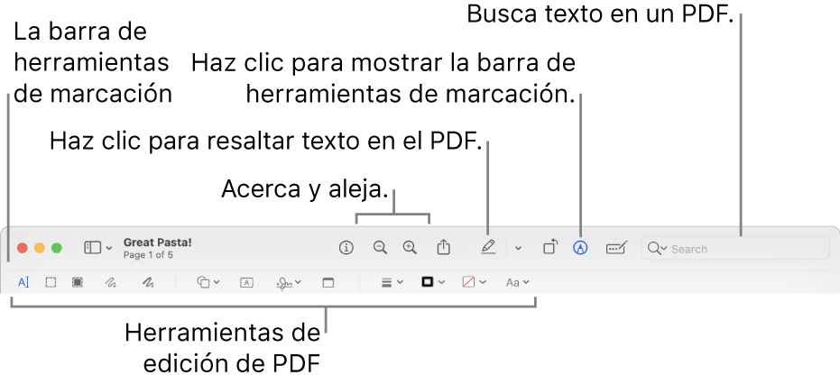 Barra de herramientas de marcación para marcar un PDF.