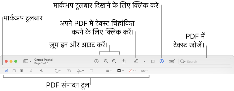 किसी PDF को चिह्नित करने के लिए मार्कअप टूलबार।