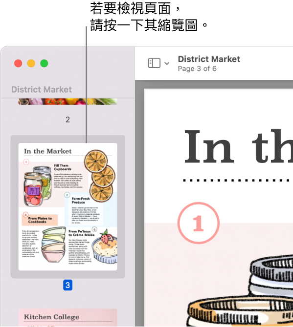 PDF 的縮圖會在側邊欄顯示。