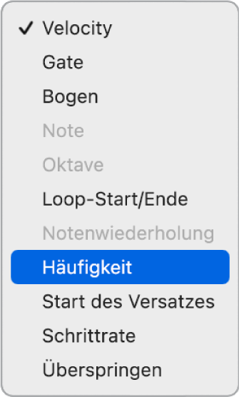 In einer Unterzeile geöffnetes Einblendmenü „Bearbeitungsmodus“ im Step Sequencer mit verschiedenen Bearbeitungsmodi