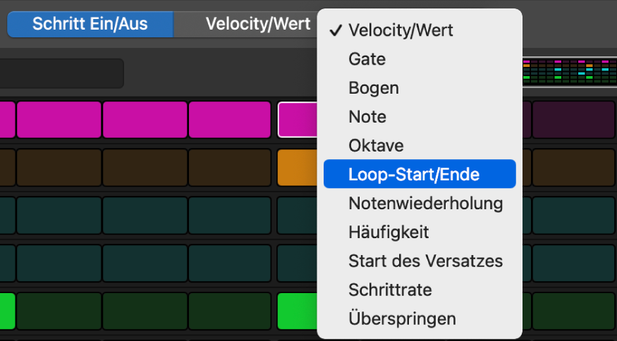 Auswahl für den Bearbeitungsmodus mit Auswahlmöglichkeiten im Step Sequencer