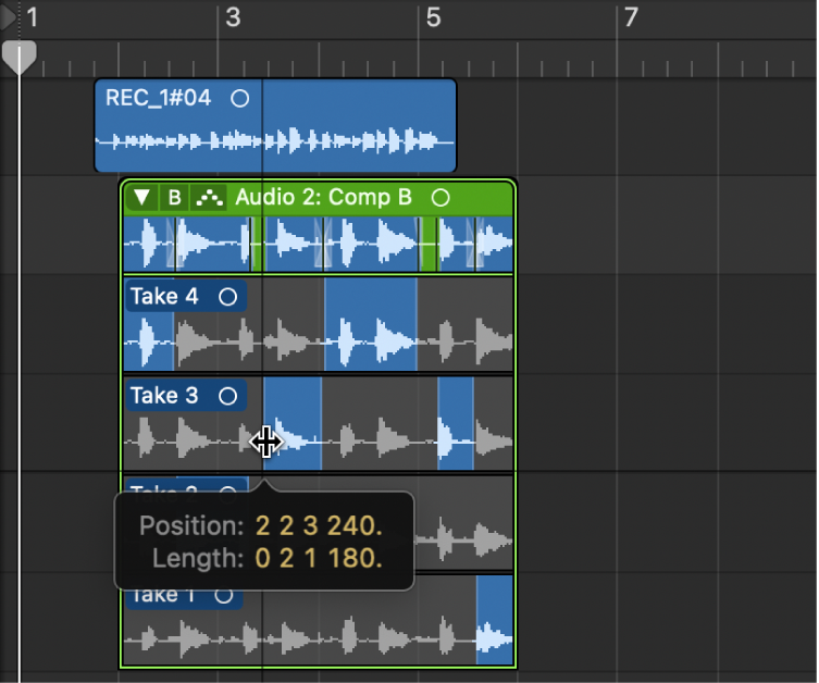 Figure. Shift-dragging the end point of a take selection.