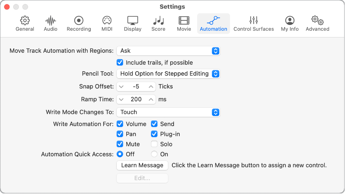 Figure. Automation settings.