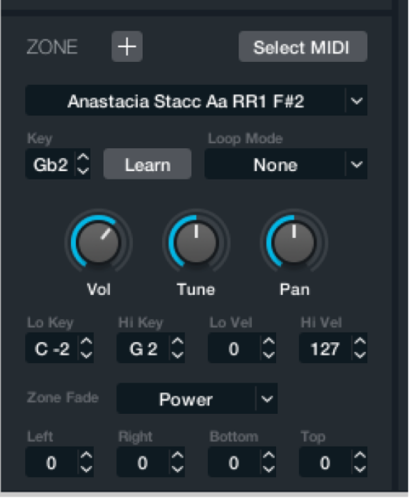 Figure. Zone parameters in Main source edit window.