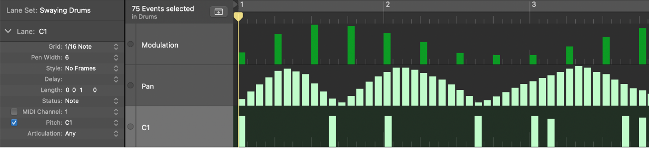 Figure. Step Editor showing note event lanes controlling single note pitches.