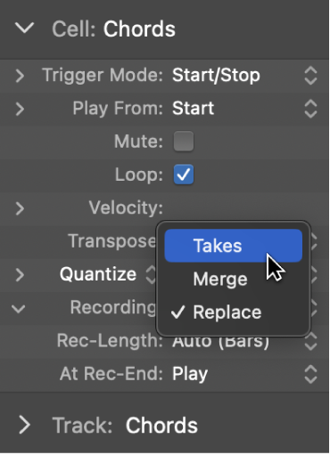 Figure. Recording pop-up menu in the Cell inspector showing the Recording modes.