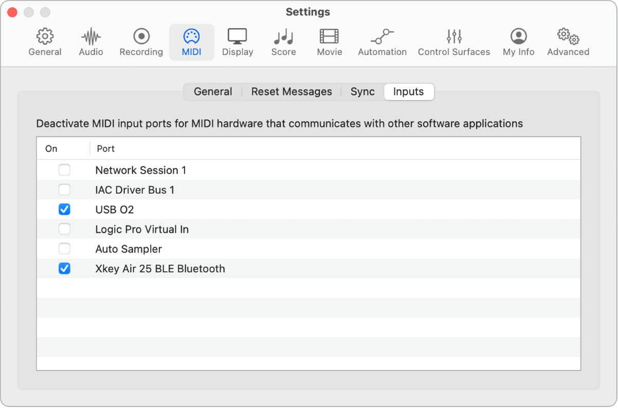 Figure. MIDI Inputs settings.