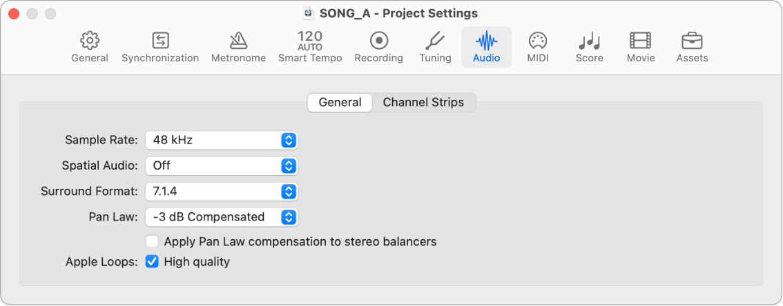 Figure. General Audio project settings.