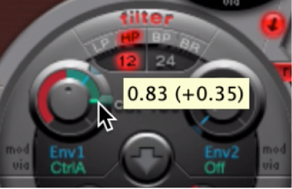 Figure. Cutoff knob, showing adjustment to via menu parameter value.