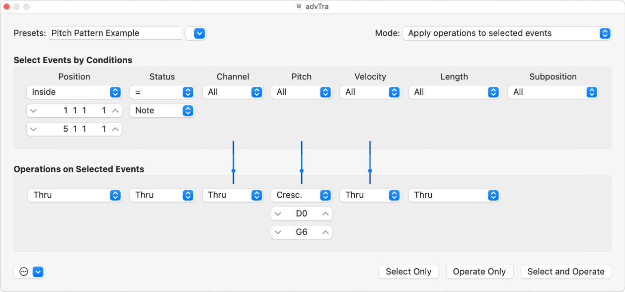 Figure. Transform window showing settings to create an ascending pitch pattern from notes of one pitch.