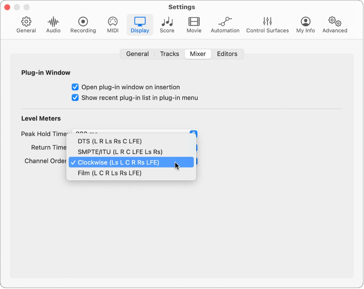 Figure. Mixer Display Settings pane.