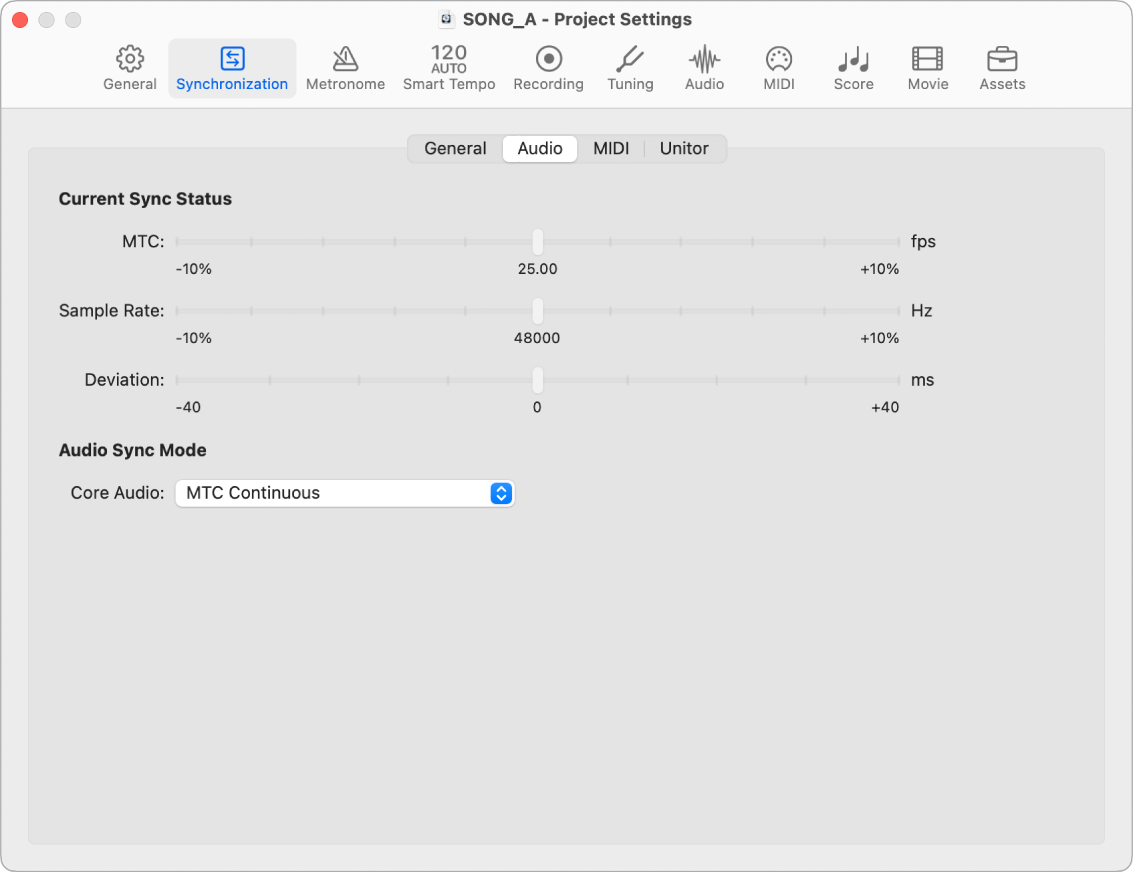 Figure. Audio Synchronization project settings.