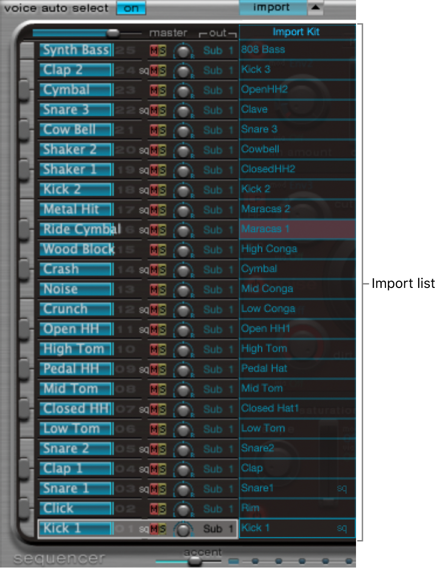 Figure. List of sounds in Assignment section and import list.