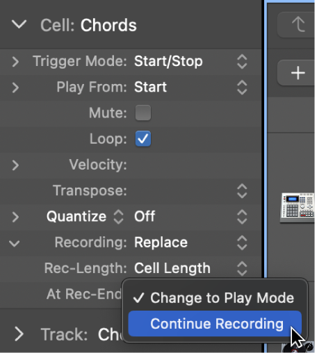 Figure. At Rec-End settings pop-up menu in the Cell inspector.