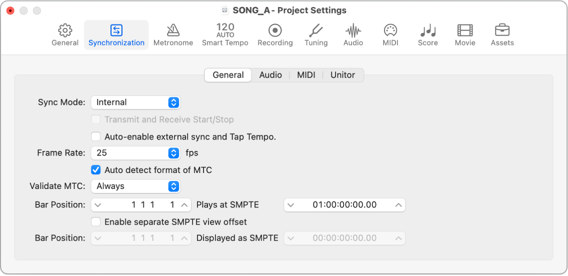 Figure. General Synchronization project settings.