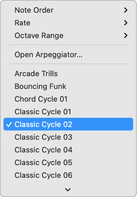 Figure. Arpeggiator pop-up menu in the Smart Controls menu bar.