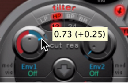 Figure. Cutoff knob, showing adjustment to Mod menu parameter value.