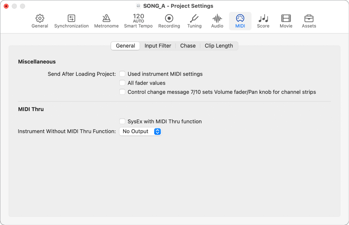 Figure. General MIDI project settings.