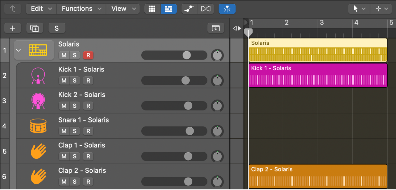 Drum Machine Desiger track stack now split, showing pattern regions on subtracks.