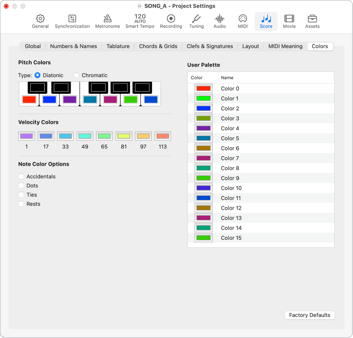 Figure. Colors project settings.