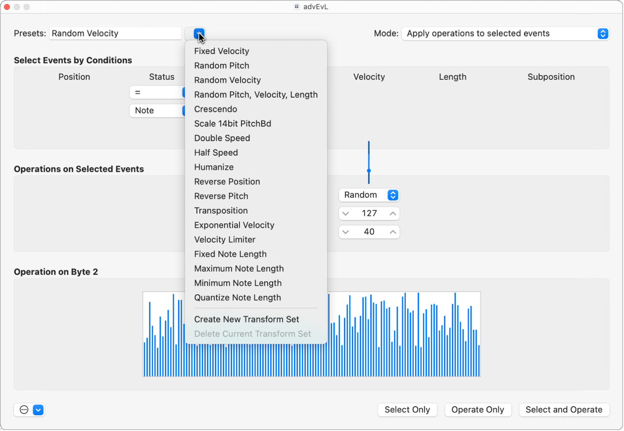 Figure. Transform window showing the Presets menu.