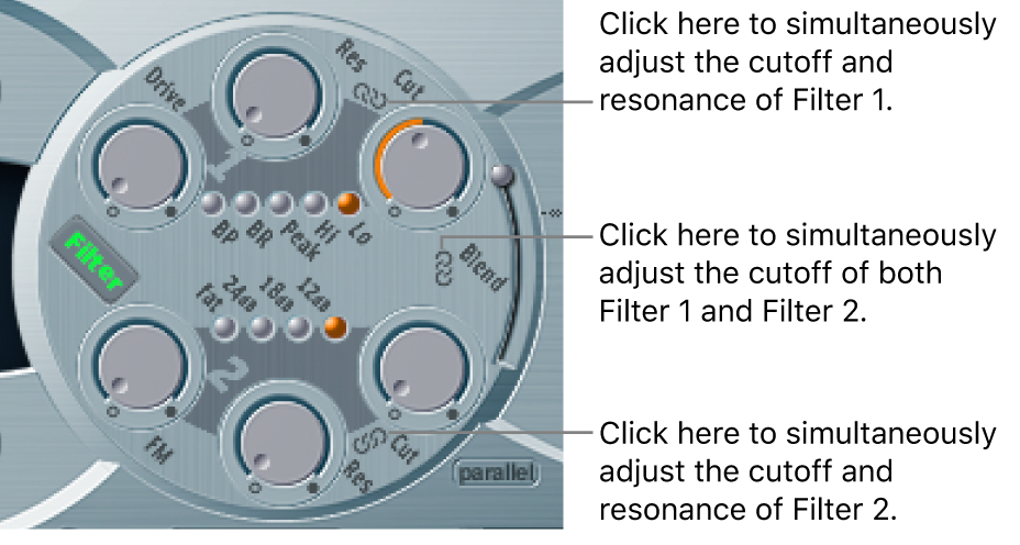 Figure. Filter parameters, showing chain icons between parameters and filters which allow simultaneous control of multiple parameters.