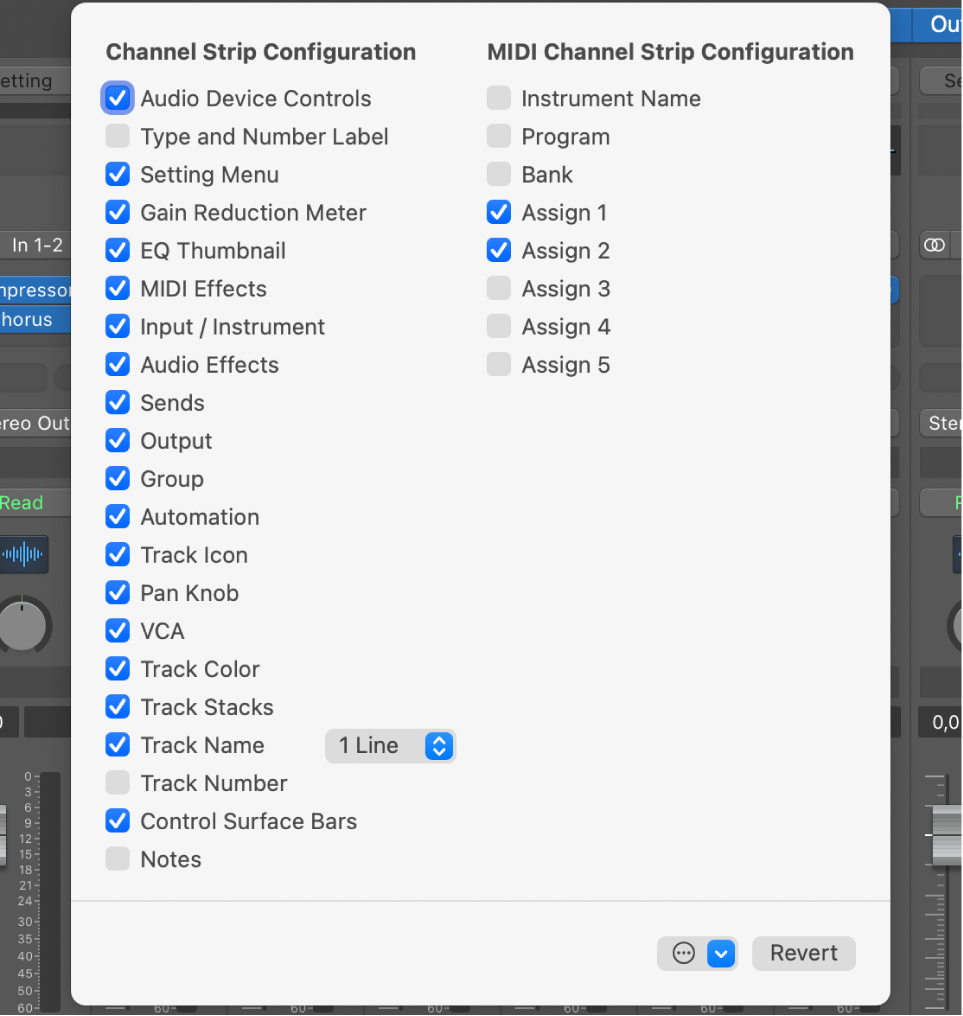 Figure. Channel Strip Components pop-up menu.