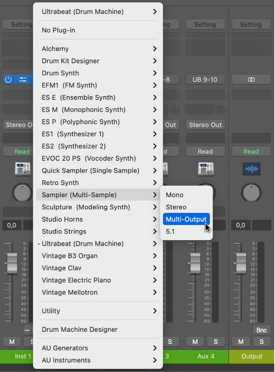 Figure. Instrument slot pop-up menu showing the Sampler Multi-Output option.