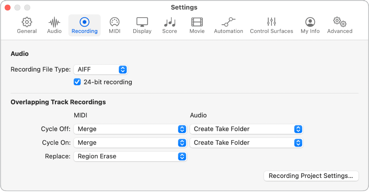 Figure. Recording settings.