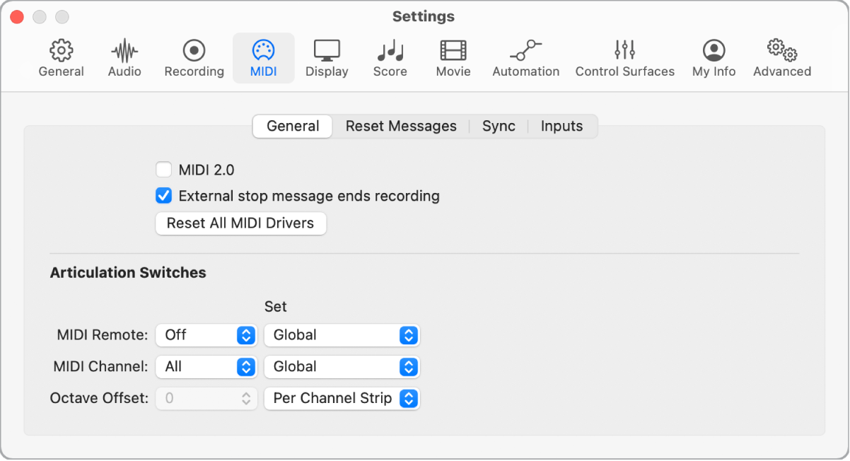 Figure. General MIDI settings.