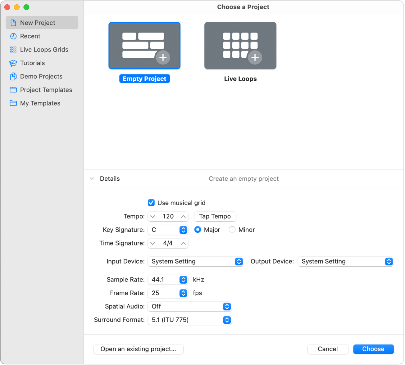 Figure. Details in the lower half of the Project Chooser, for setting project properties.