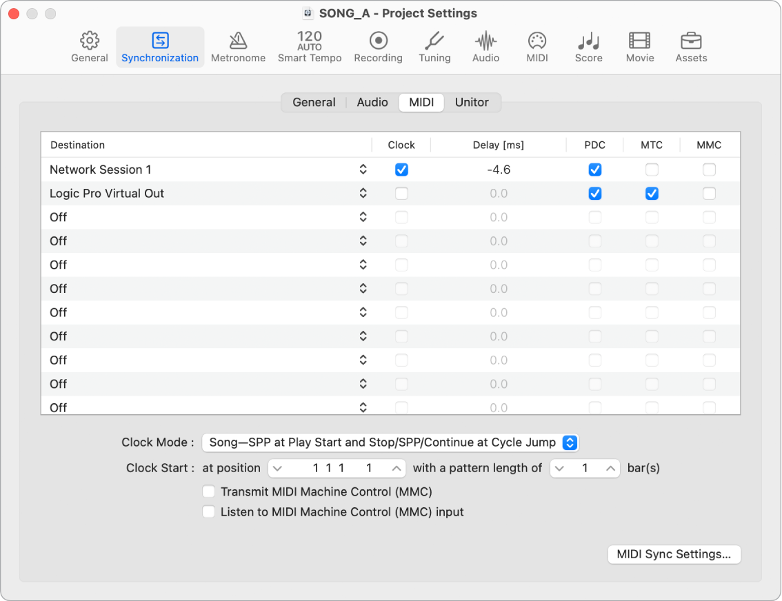 Figure. MIDI Synchronization project settings.