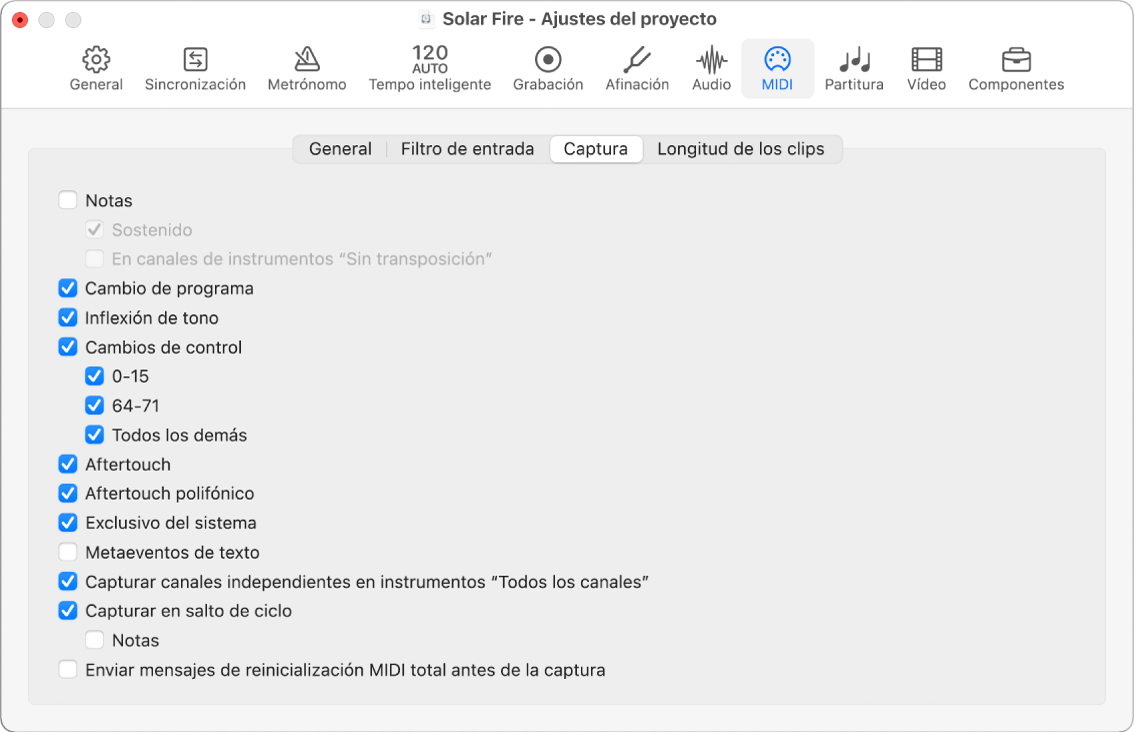 Ilustración. Panel Capturar de los ajustes MIDI del proyecto.