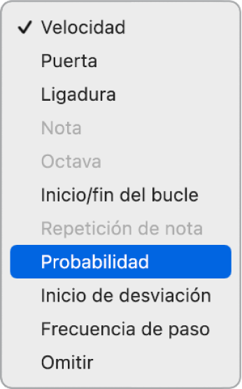 Menú desplegable “Modo de edición” del secuenciador de pasos abierto en una subfila, que muestra los diferentes modos de edición.