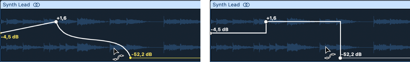 Mantén pulsada la tecla Opción y haz clic en una curva de automatización con la herramienta “Curva de automatización” para transformar una curva continua en una curva instantánea.