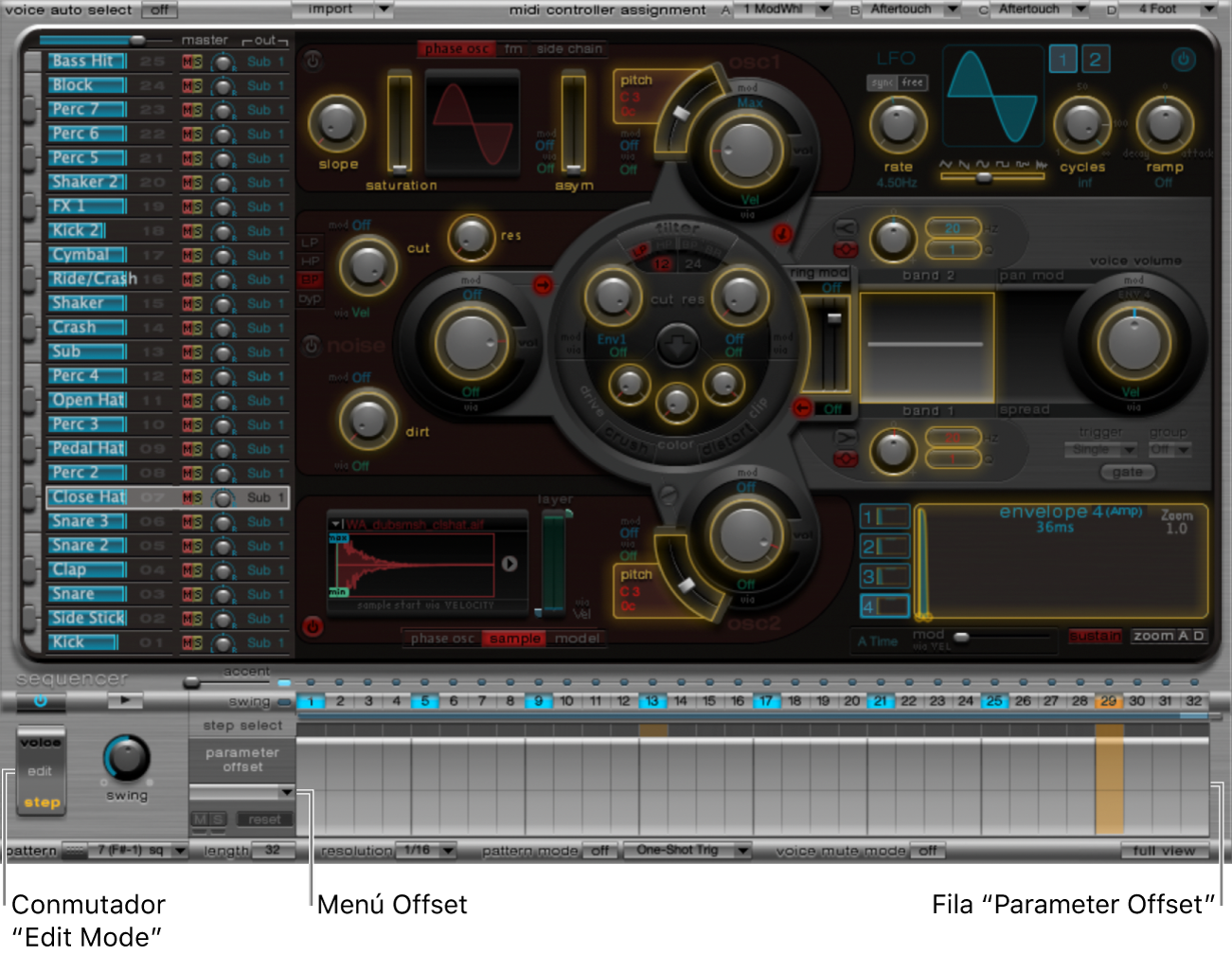 Figure. Step automation mode, showing all parameters that can be automated, and parameter offset row.