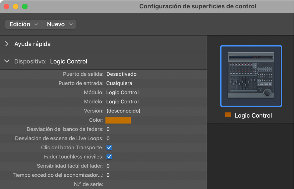 Ilustración. Imagen de los parámetros de Dispositivo en la ventana “Superficies de control”.