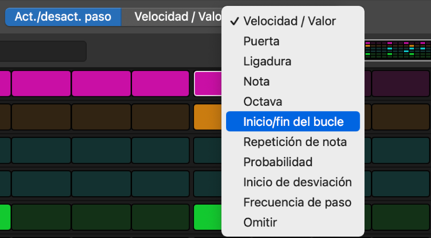 Selector de modo de edición del secuenciador de pasos, que muestra los diferentes modos de edición.