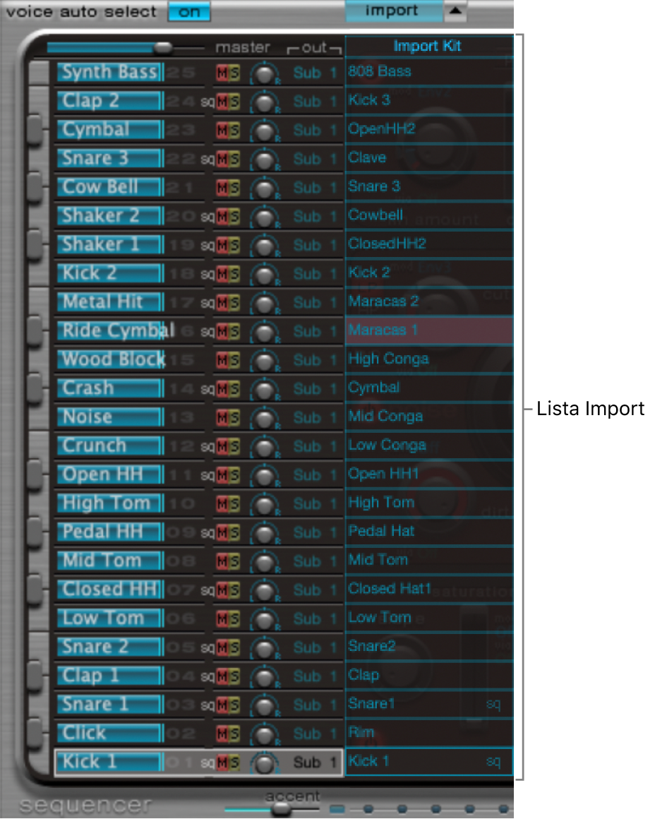 Figure. List of sounds in Assignment section and import list.