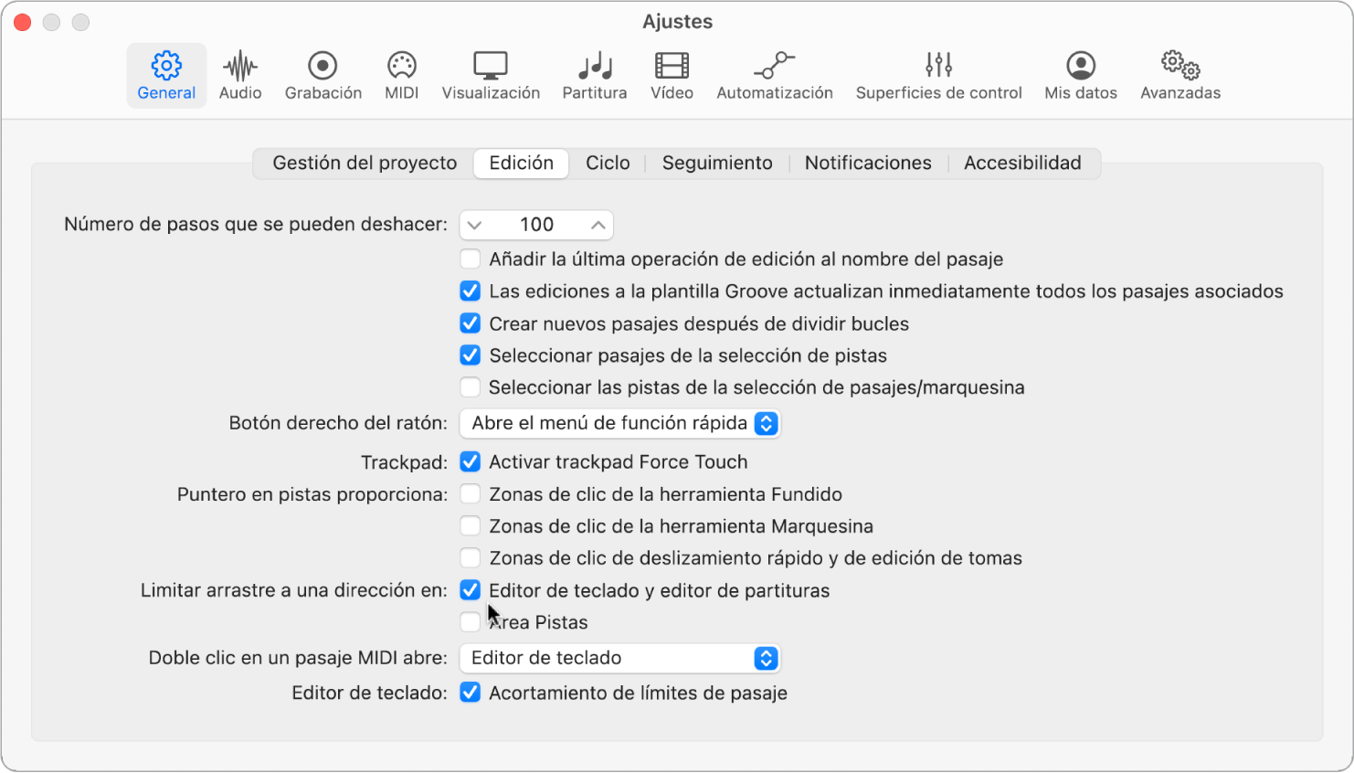 Ilustración. Ajustes generales de edición con opciones para restringir los movimientos de arrastre de notas.