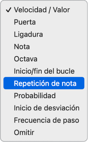 Menú desplegable del selector de modo de edición del secuenciador de pasos.