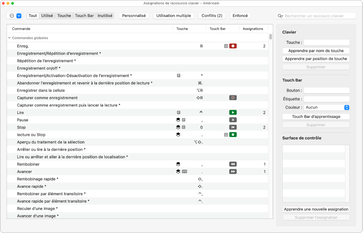 Figure. Fenêtre Raccourcis clavier.