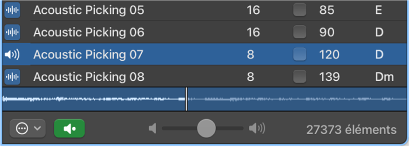 Figure. Curseur Volume et menu local « Lire dans » dans le navigateur de boucles.