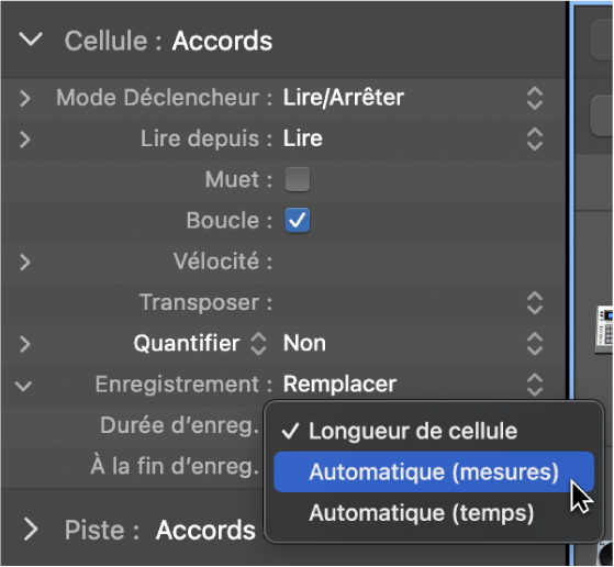 Figure. Menu local des réglages « Durée d’enreg. » dans l’inspecteur de cellule.